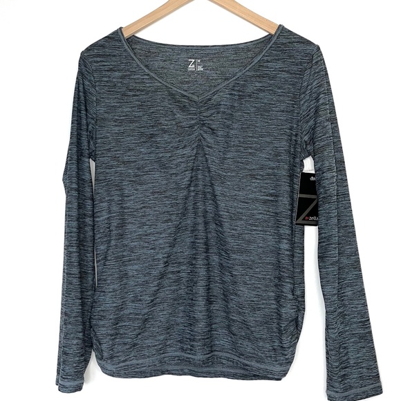 Zella V Neck Ruched Long Sleeve Workout Shirt Gray Blue - Picture 2 of 4